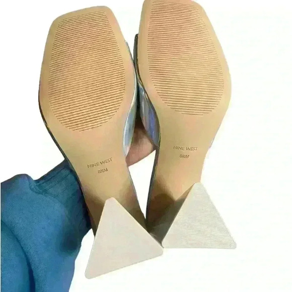 Nine West Size 8.5 Yougo Heeled Slide Sandals Silver Iridescent Square Toe Shoe - Picture 7 of 8